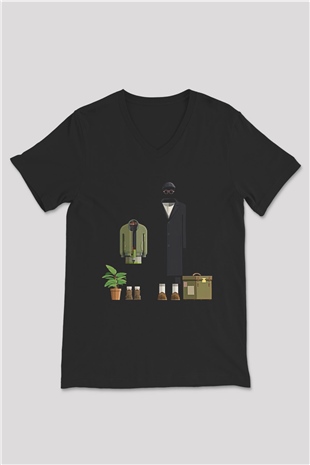 Leon Baskılı Unisex Siyah V Yaka Tişört - Tshirt