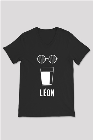 Leon Baskılı Unisex Siyah V Yaka Tişört - Tshirt