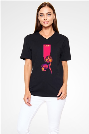 Leon Baskılı Unisex Siyah V Yaka Tişört - Tshirt