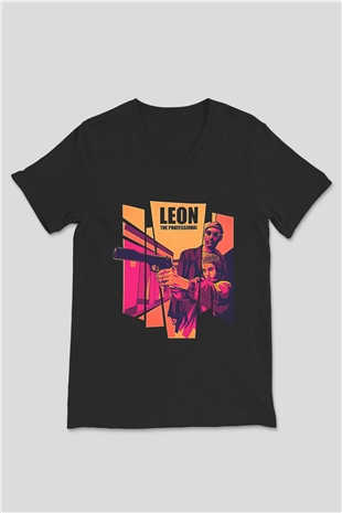 Leon Baskılı Unisex Siyah V Yaka Tişört - Tshirt