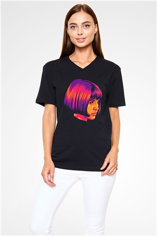 Leon Baskılı Unisex Siyah V Yaka Tişört - Tshirt