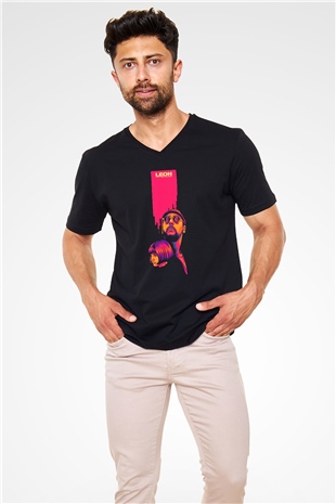Leon Baskılı Unisex Siyah V Yaka Tişört - Tshirt