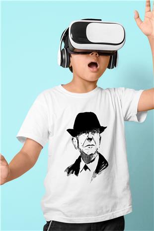 Leonard Cohen Baskılı Beyaz Unisex Beyaz Çocuk Tişört - Tshirt
