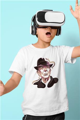 Leonard Cohen Baskılı Beyaz Unisex Beyaz Çocuk Tişört - Tshirt