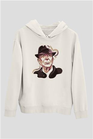 Leonard Cohen Baskılı Beyaz Unisex Kapüşonlu Sweatshirt