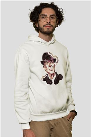 Leonard Cohen Baskılı Beyaz Unisex Kapüşonlu Sweatshirt