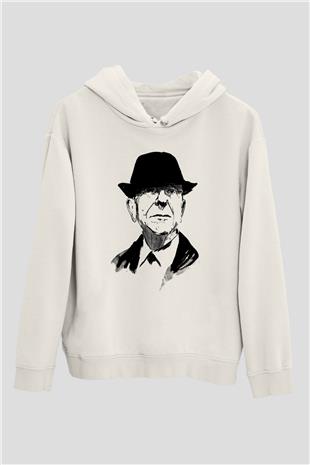 Leonard Cohen Baskılı Beyaz Unisex Kapüşonlu Sweatshirt