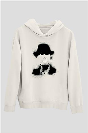 Leonard Cohen Baskılı Beyaz Unisex Kapüşonlu Sweatshirt