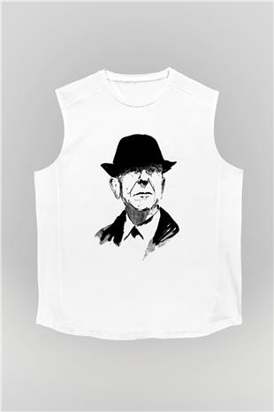 Leonard Cohen Baskılı Beyaz Unisex Kolsuz Tişört - Tshirt