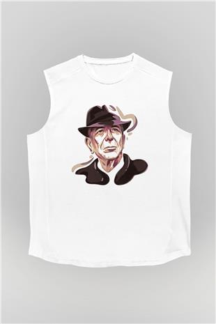 Leonard Cohen Baskılı Beyaz Unisex Kolsuz Tişört - Tshirt
