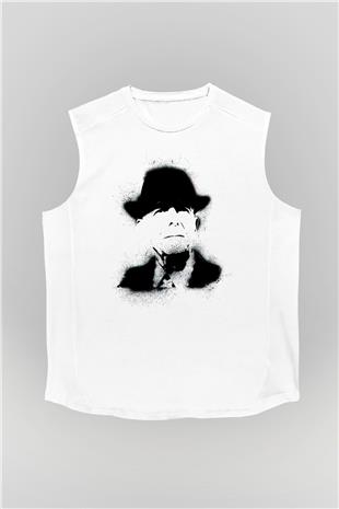 Leonard Cohen Baskılı Beyaz Unisex Kolsuz Tişört - Tshirt