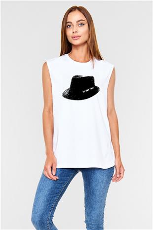 Leonard Cohen Baskılı Beyaz Unisex Kolsuz Tişört - Tshirt