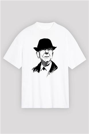 Leonard Cohen Baskılı Beyaz Unisex Oversize Tişört - Tshirt