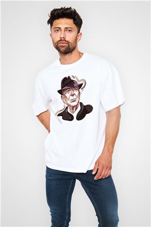 Leonard Cohen Baskılı Beyaz Unisex Oversize Tişört - Tshirt