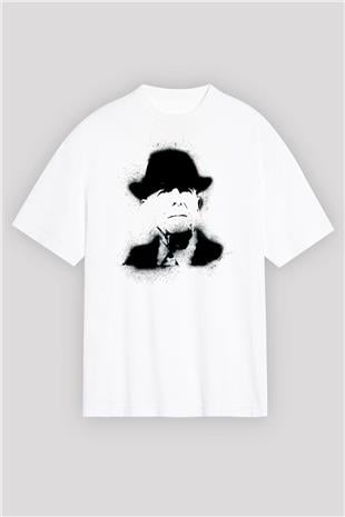 Leonard Cohen Baskılı Beyaz Unisex Oversize Tişört - Tshirt