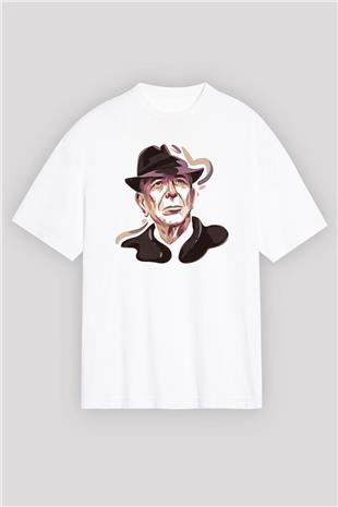 Leonard Cohen Baskılı Beyaz Unisex Oversize Tişört - Tshirt