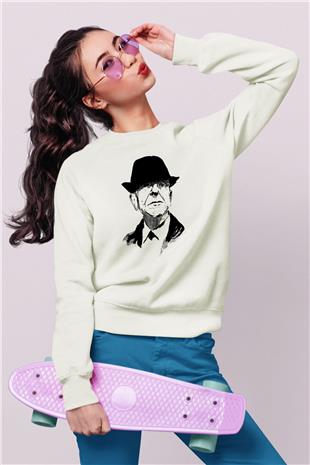 Leonard Cohen Baskılı Beyaz Unisex Sweatshirt