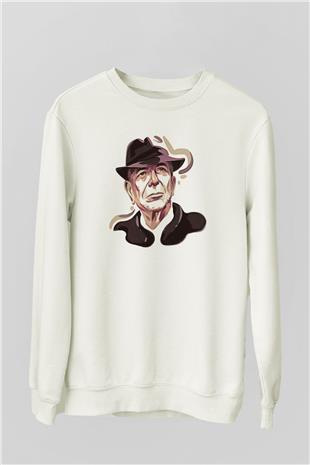 Leonard Cohen Baskılı Beyaz Unisex Sweatshirt
