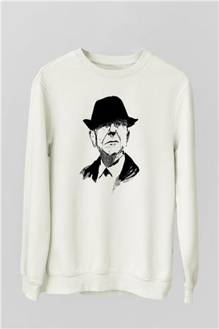 Leonard Cohen Baskılı Beyaz Unisex Sweatshirt