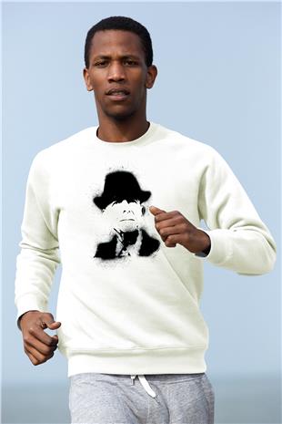 Leonard Cohen Baskılı Beyaz Unisex Sweatshirt