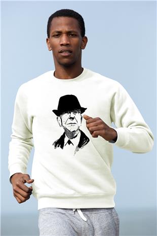 Leonard Cohen Baskılı Beyaz Unisex Sweatshirt