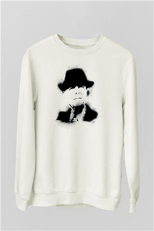 Leonard Cohen Baskılı Beyaz Unisex Sweatshirt