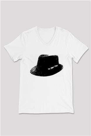 Leonard Cohen Baskılı Beyaz Unisex V Yaka Tişört - Tshirt