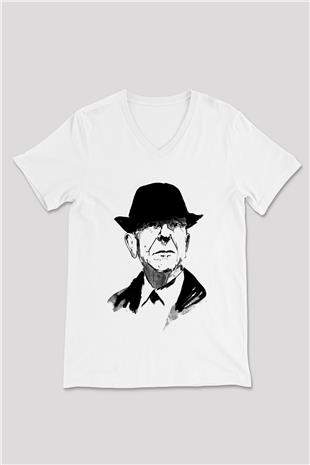 Leonard Cohen Baskılı Beyaz Unisex V Yaka Tişört - Tshirt
