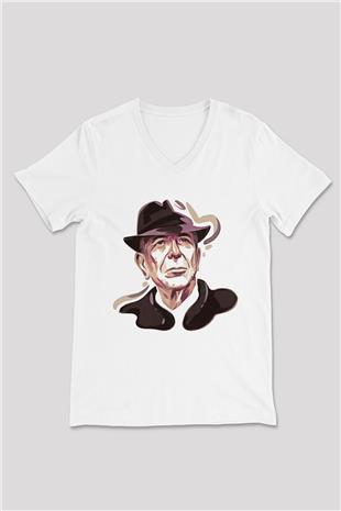 Leonard Cohen Baskılı Beyaz Unisex V Yaka Tişört - Tshirt