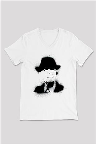 Leonard Cohen Baskılı Beyaz Unisex V Yaka Tişört - Tshirt