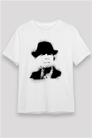 Leonard Cohen Baskılı Unisex Beyaz Tişört - Tshirt