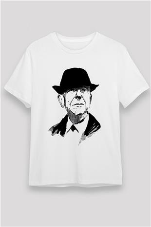 Leonard Cohen Baskılı Unisex Beyaz Tişört - Tshirt