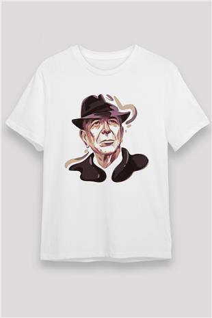 Leonard Cohen Baskılı Unisex Beyaz Tişört - Tshirt