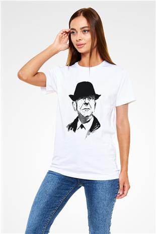 Leonard Cohen Baskılı Unisex Beyaz Tişört - Tshirt