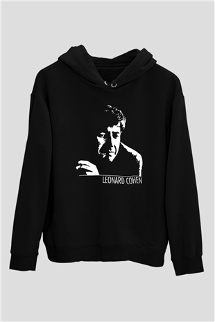 Leonard Cohen Baskılı Unisex Siyah Kapüşonlu Sweatshirt
