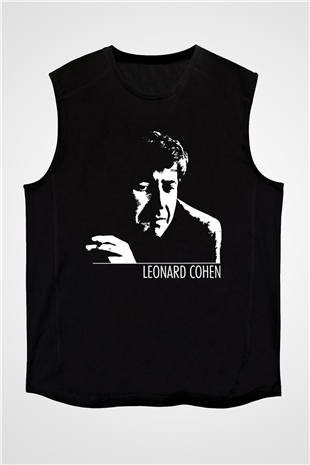 Leonard Cohen Baskılı Unisex Siyah Kolsuz Tişört - Tshirt
