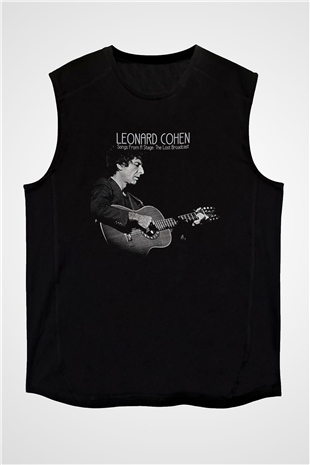 Leonard Cohen Baskılı Unisex Siyah Kolsuz Tişört - Tshirt