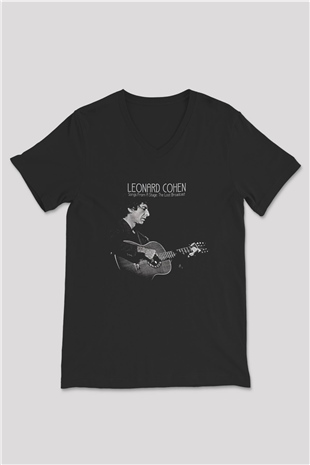 Leonard Cohen Baskılı Unisex Siyah V Yaka Tişört - Tshirt