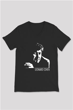 Leonard Cohen Baskılı Unisex Siyah V Yaka Tişört - Tshirt