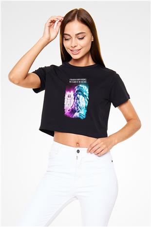 Leonardo Da Vinci Alıntı Baskılı Crop Top Kadın Tİşört - Tshirt