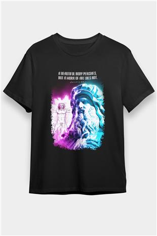 Leonardo Da Vinci Alıntı Baskılı Unisex Siyah Tişört - Tshirt