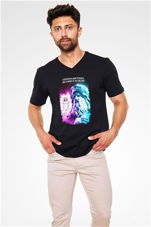 Leonardo Da Vinci Alıntı Baskılı Unisex V Yaka Siyah Tİşört - Tshirt