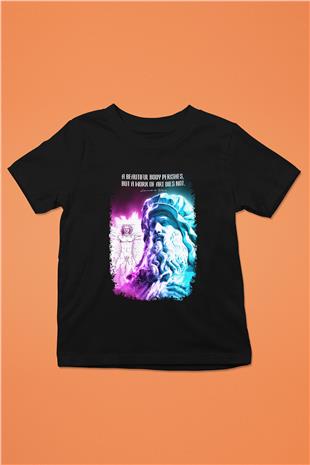 Leonardo Da Vinci Alıntı Baskılı Unisex Siyah Çocuk Tişörtü - Tshirt