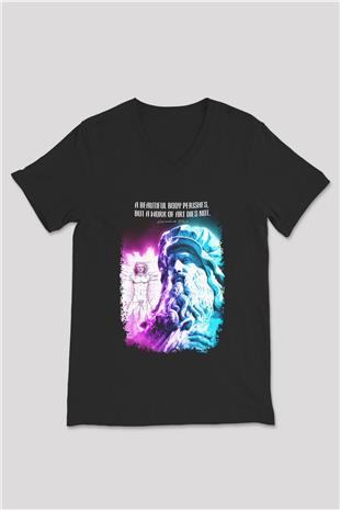 Leonardo Da Vinci Alıntı Baskılı Unisex V Yaka Siyah Tİşört - Tshirt