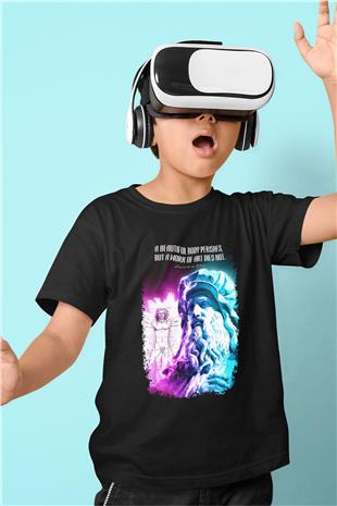 Leonardo Da Vinci Alıntı Baskılı Unisex Siyah Çocuk Tişörtü - Tshirt