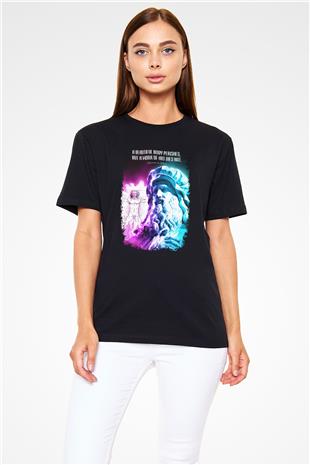 Leonardo Da Vinci Alıntı Baskılı Unisex Siyah Tişört - Tshirt