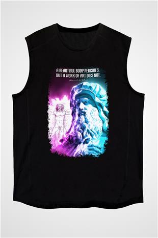 Leonardo Da Vinci Alıntı Baskılı Unisex Kolsuz Siyah Tişört - Tshirt