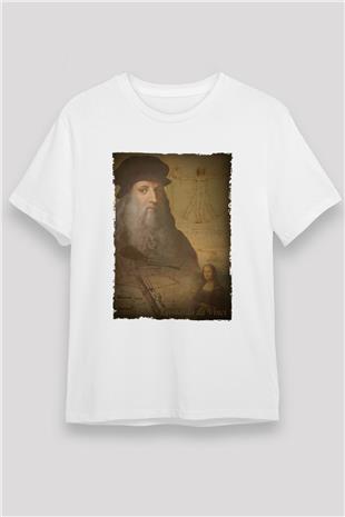 Leonardo da Vinci Baskılı Unisex Beyaz Tişört - Tshirt