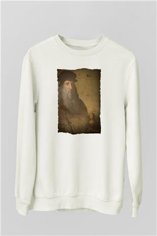 Leonardo da Vinci Baskılı Unisex Ekru Sweatshirt