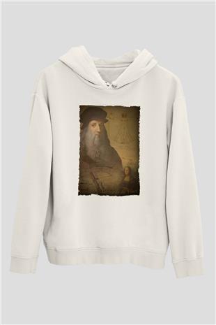 Leonardo da Vinci Baskılı Unisex Ekru Hoodie
